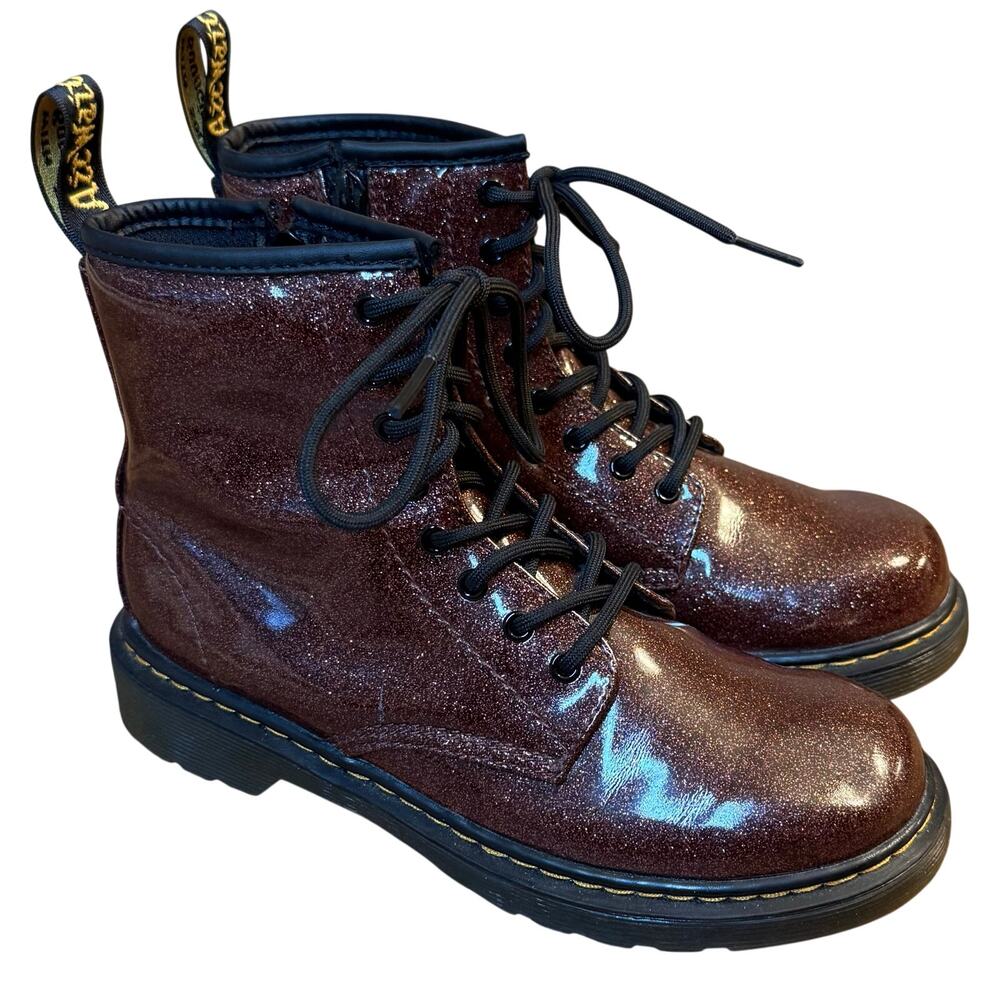 Dr. Martens AirWair Junior Glitter Patent Leather Boots Zipper Maroon US 3 EU 34